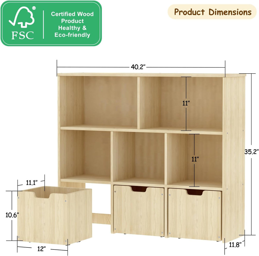 Pine Wood Montessori Kids Toy Storage Bookshelf