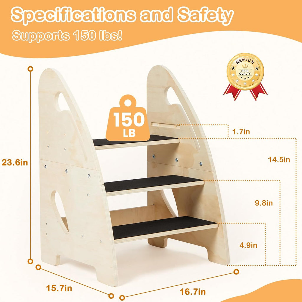 Wooden 3‑Step Toddler Kitchen Step Stool
