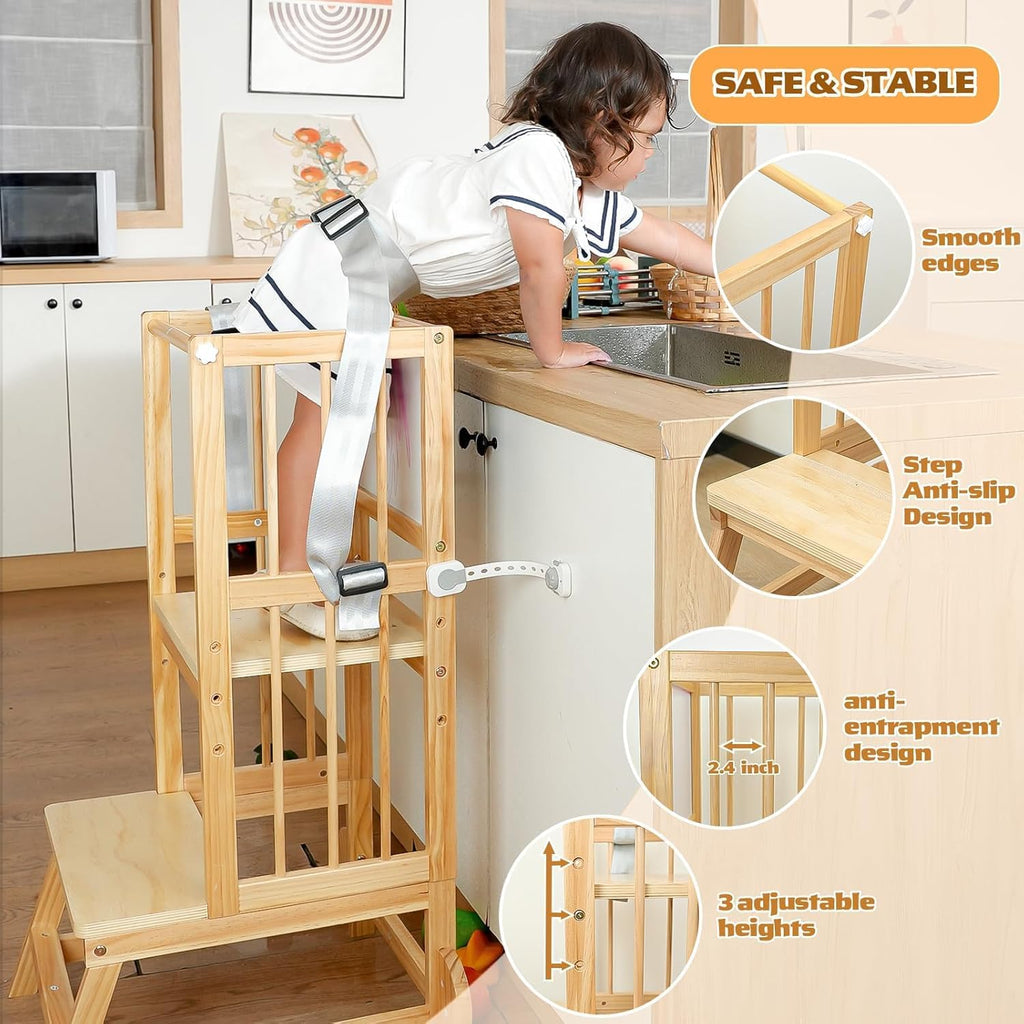 Wooden Toddler Tower With Removable Safety Railing