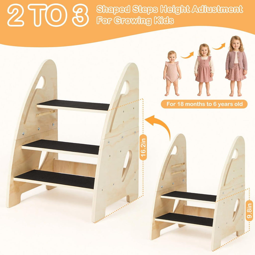 Wooden 3‑Step Toddler Kitchen Step Stool