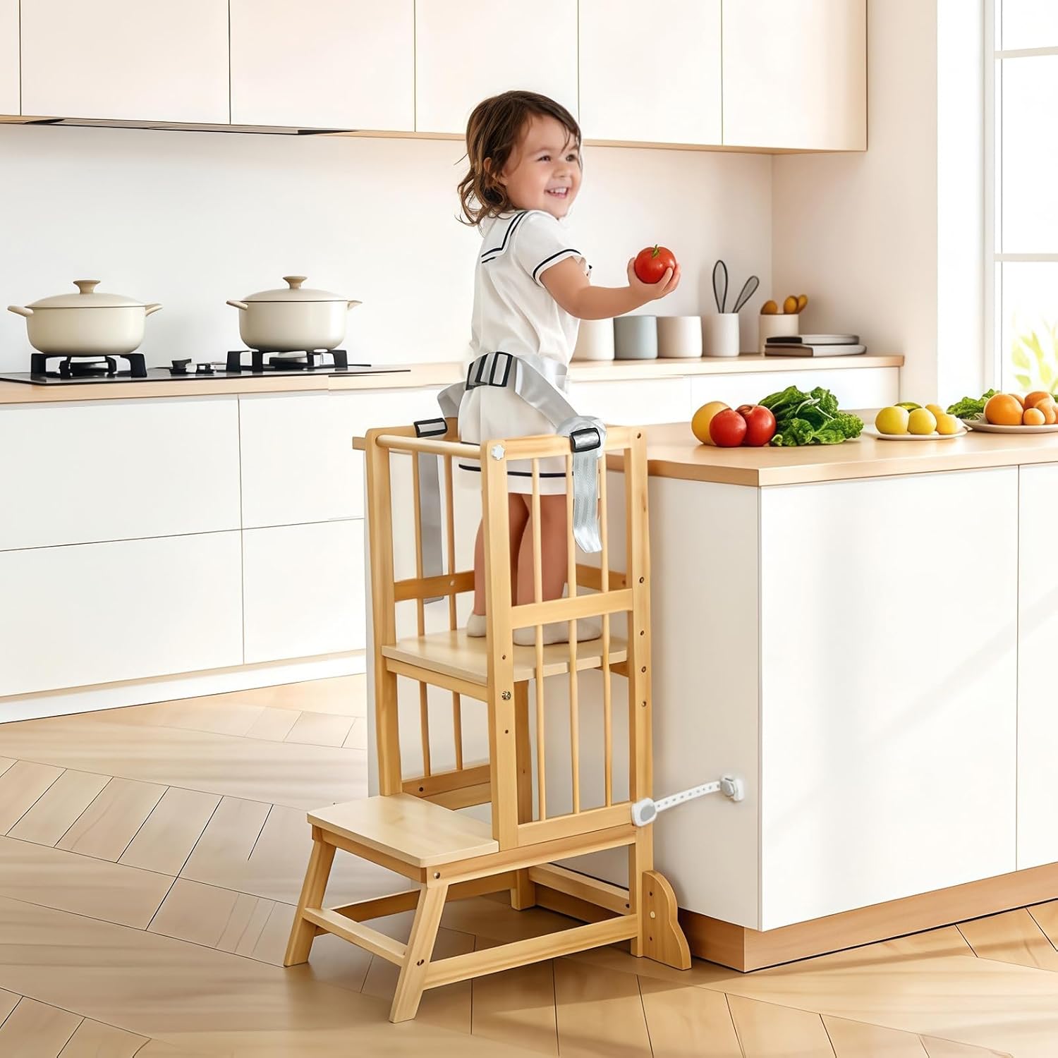 Wooden Toddler Tower With Removable Safety Railing