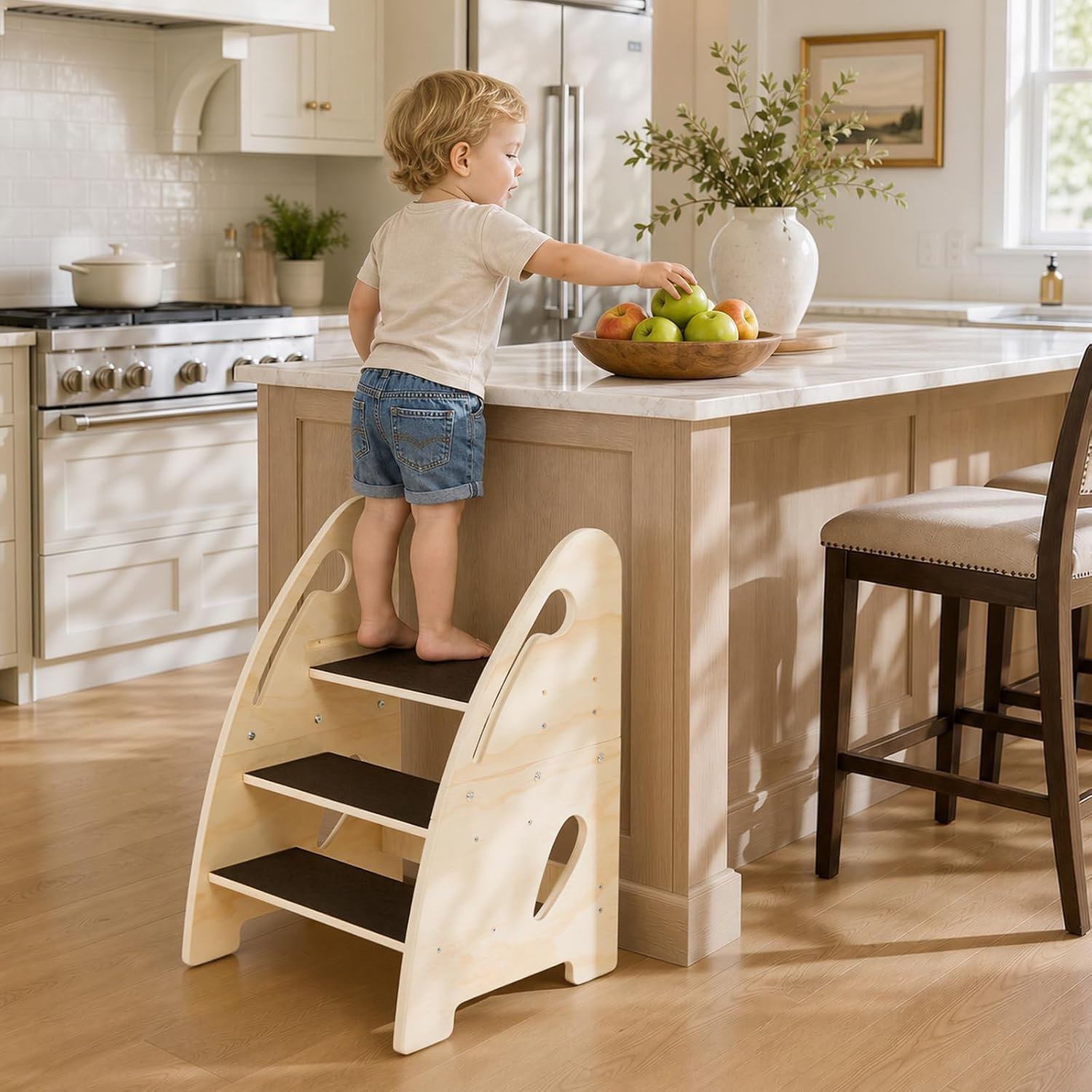 Wooden 3‑Step Toddler Kitchen Step Stool