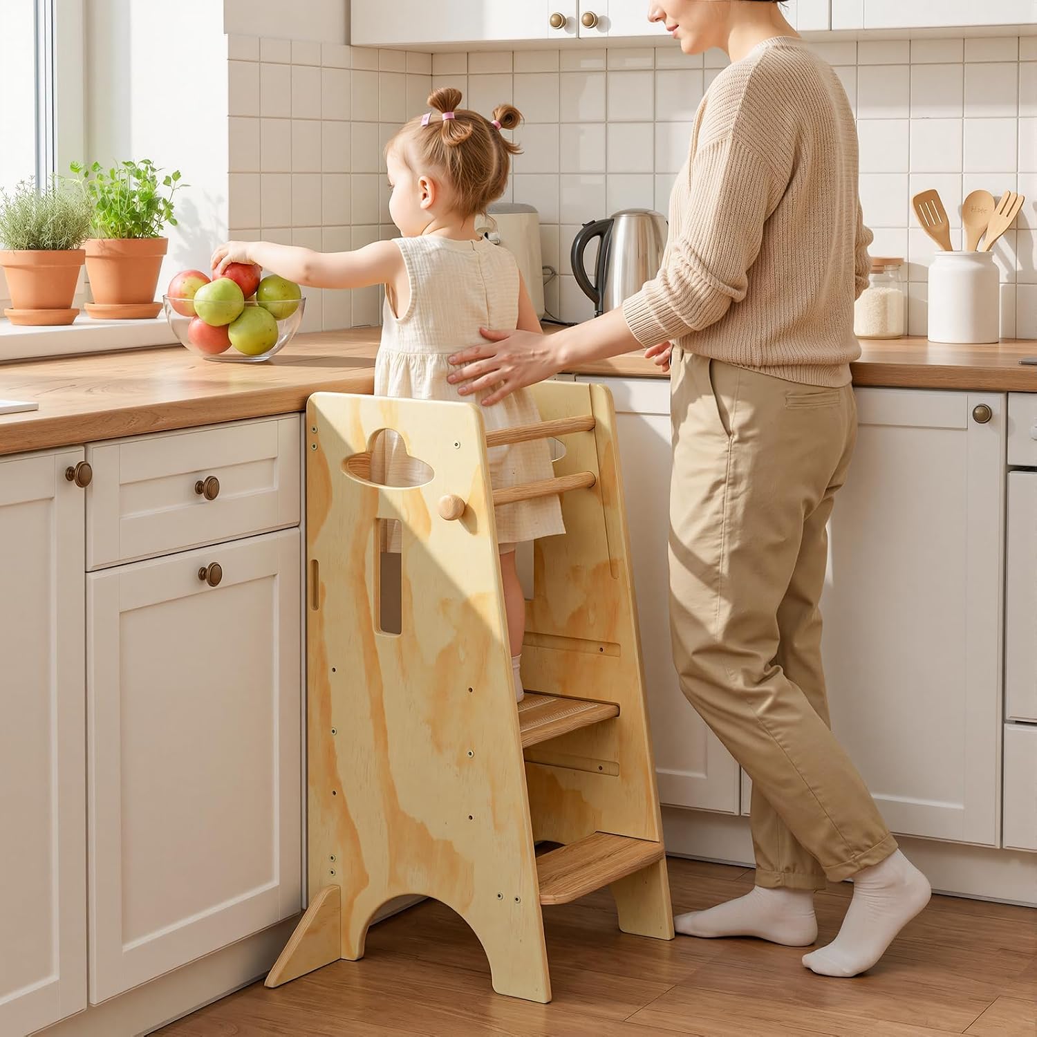 Adjustable Wooden Toddler Kitchen Learning Tower Stool