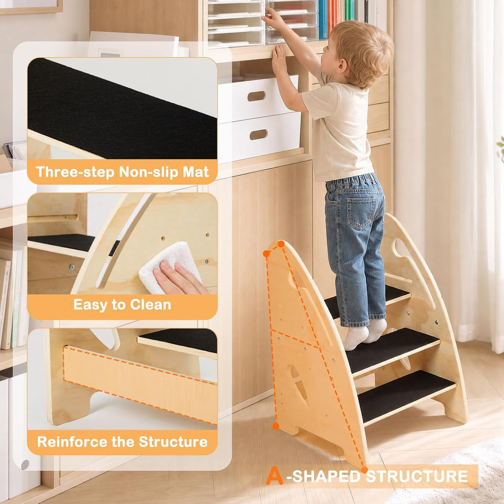 Wooden 3‑Step Toddler Kitchen Step Stool