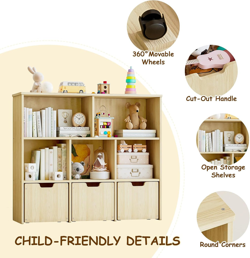 Pine Wood Montessori Kids Toy Storage Bookshelf