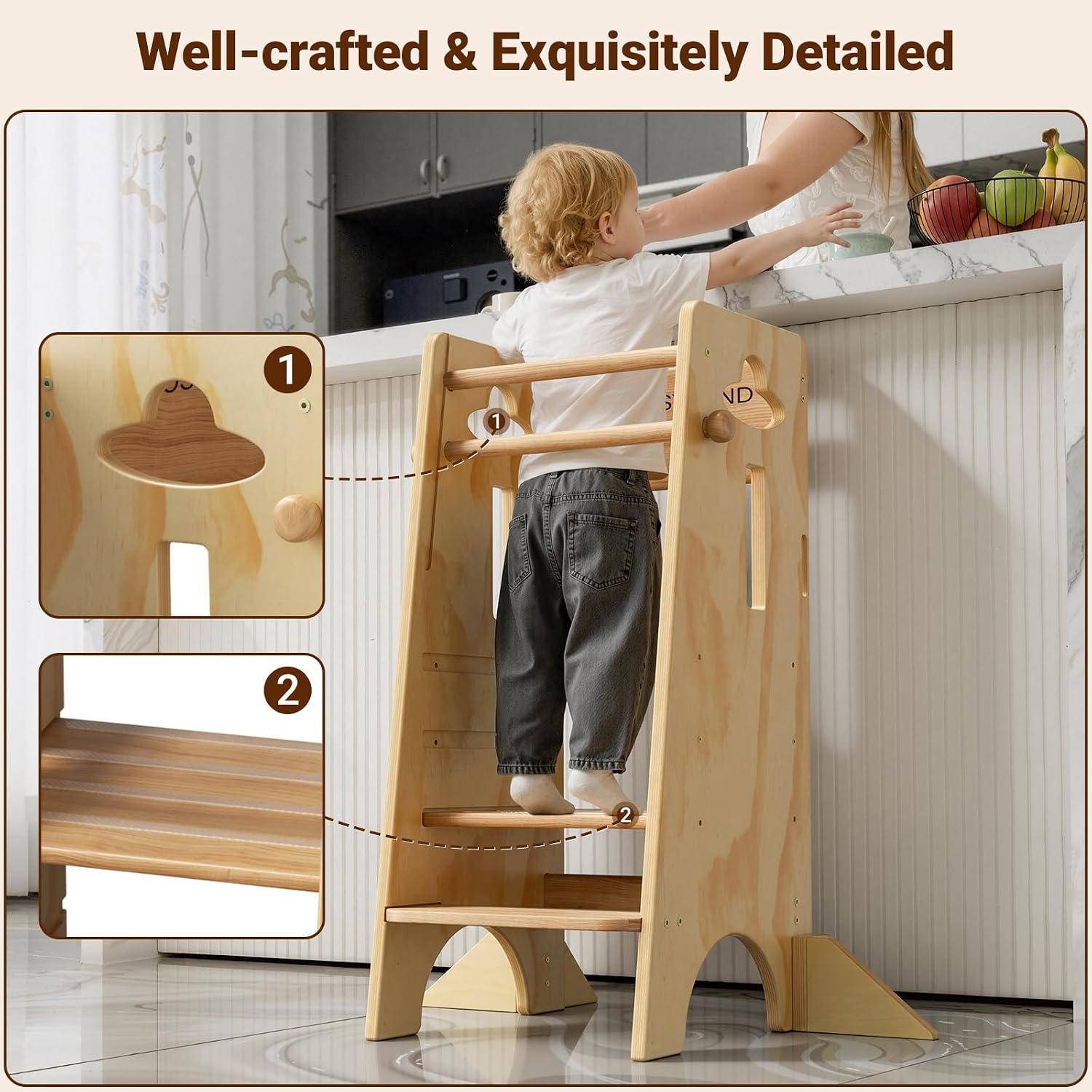 Adjustable Wooden Toddler Kitchen Learning Tower Stool