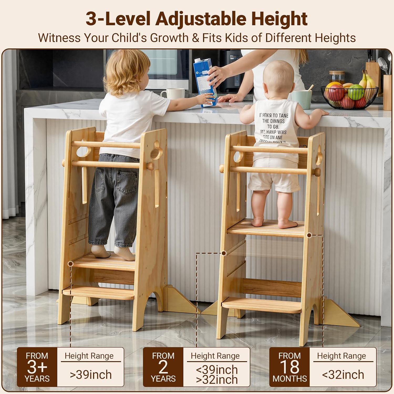 Adjustable Wooden Toddler Kitchen Learning Tower Stool