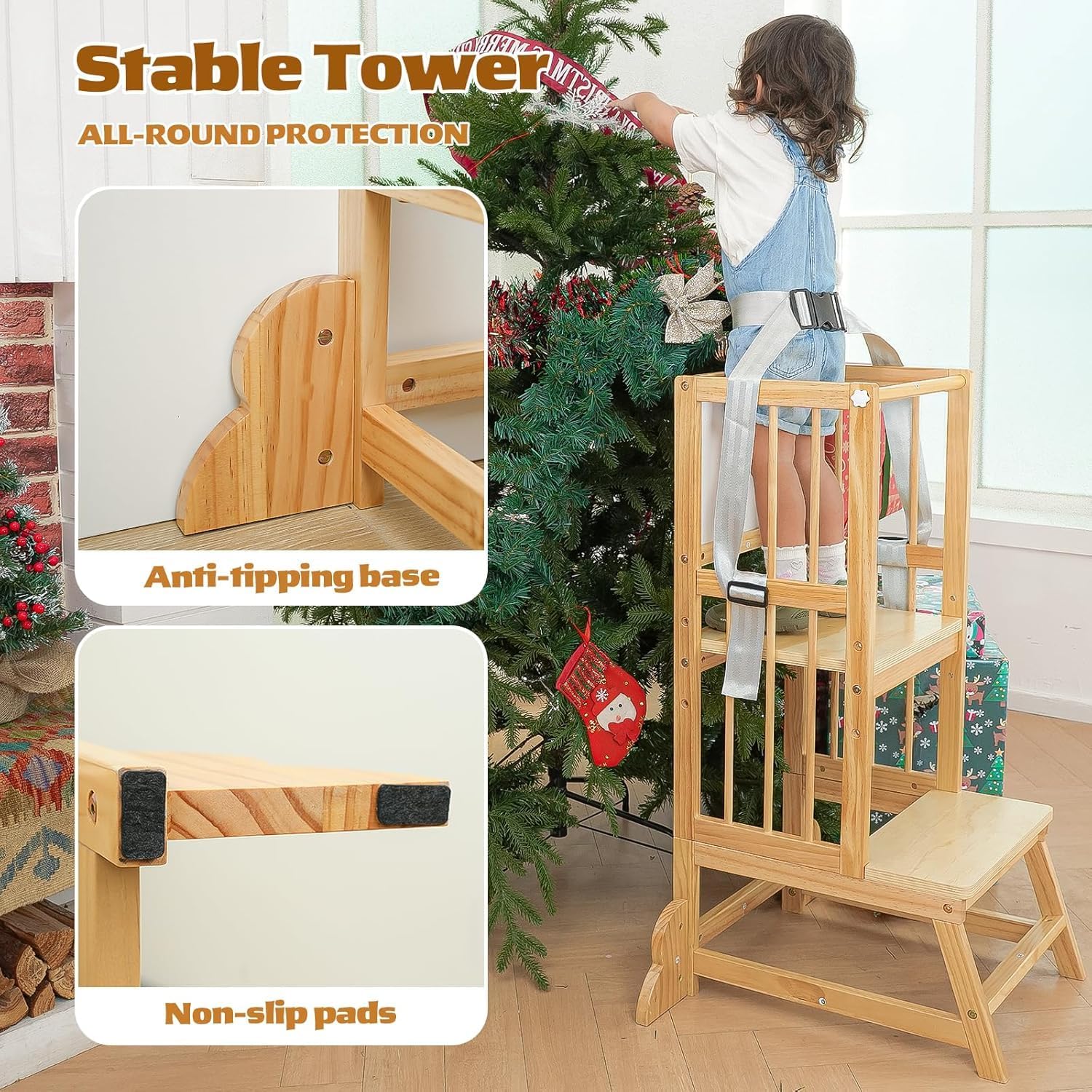 Wooden Toddler Tower With Removable Safety Railing