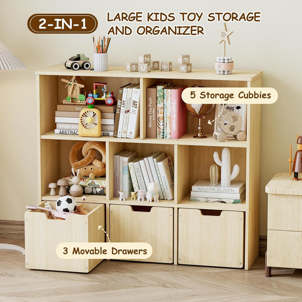 Pine Wood Montessori Kids Toy Storage Bookshelf