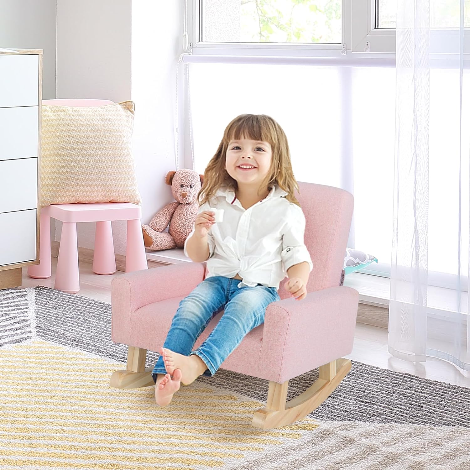 Linen Fabric Wooden Toddler Rocking Armchair