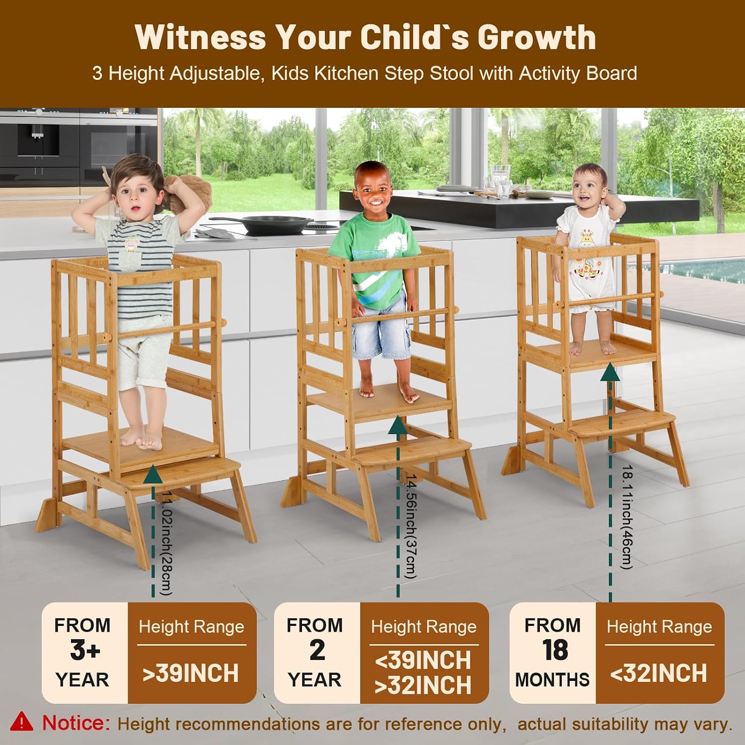 Adjustable Wooden Toddler Kitchen Helper Stool Tower